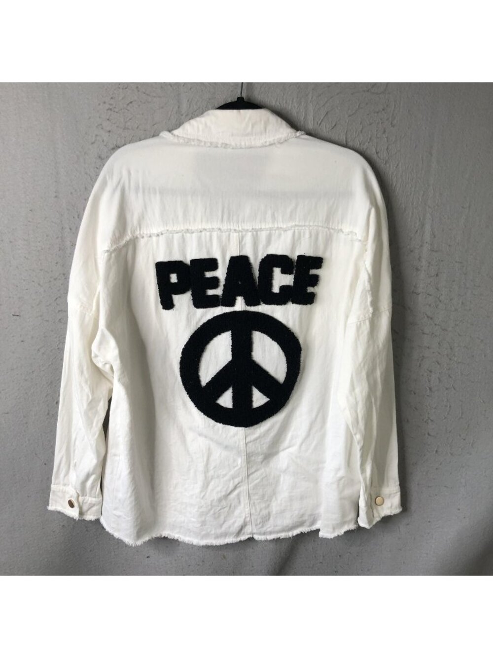 Davi&Dani Jacket Womens S White Peace Sign Chenille Back Twill Hippie Boho